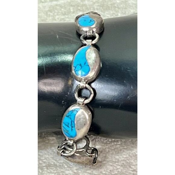 VTG Taxco Sterling Silver Turquoise Inlay Linked Oval Bracelet 7.75” Toggle - Picture 4 of 15